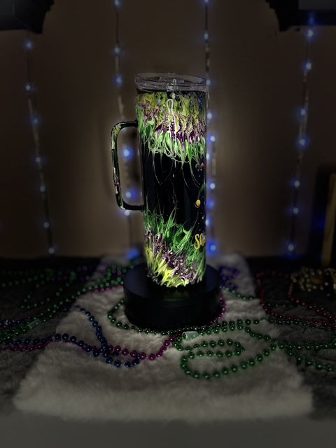 Madi Gras Tumbler, Skinny, With handle, 20oz, GLOW IN THE DARK, "Let the Shenanigans Begin"