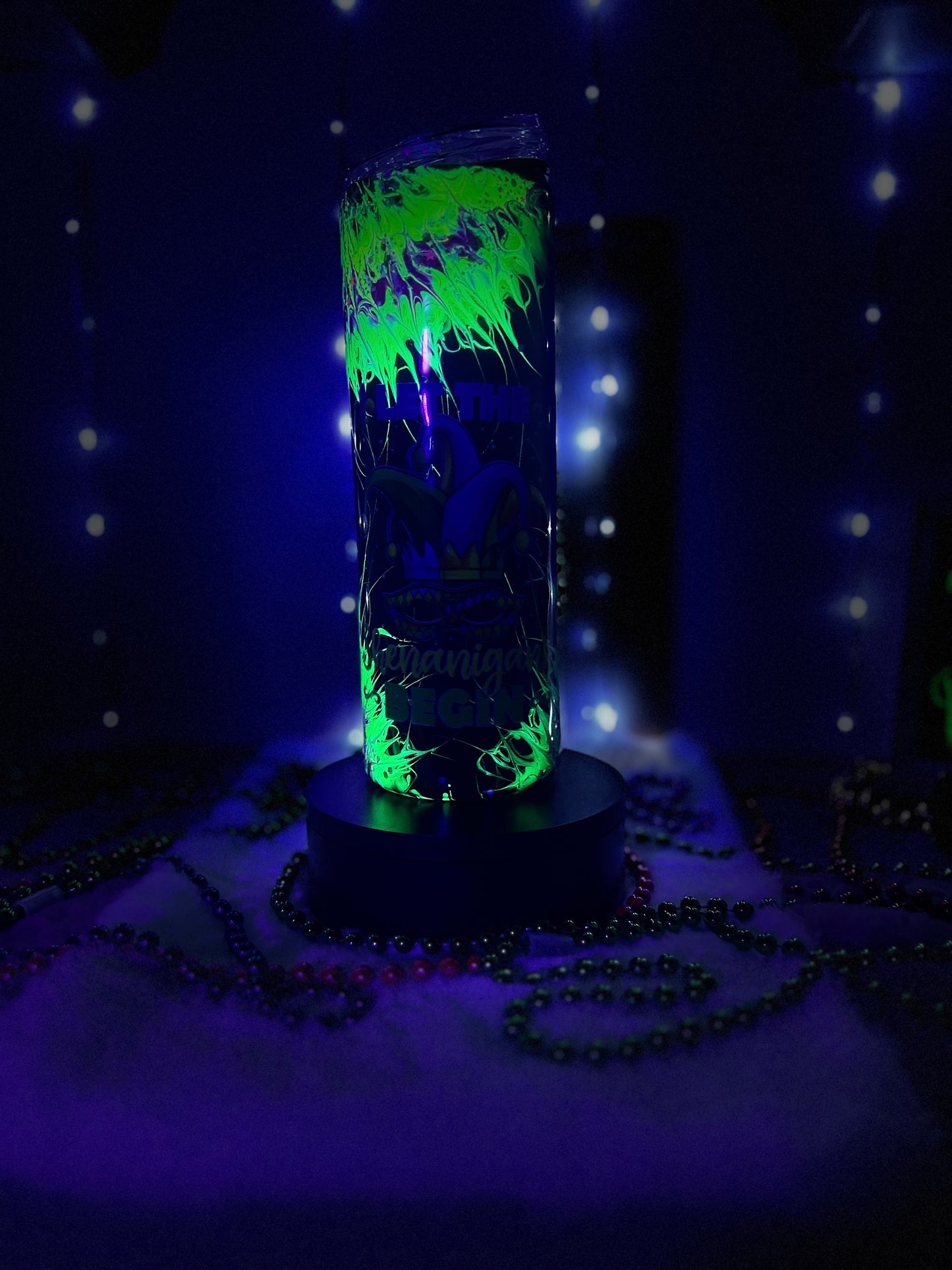 Madi Gras Tumbler, Skinny, With handle, 20oz, GLOW IN THE DARK, "Let the Shenanigans Begin"