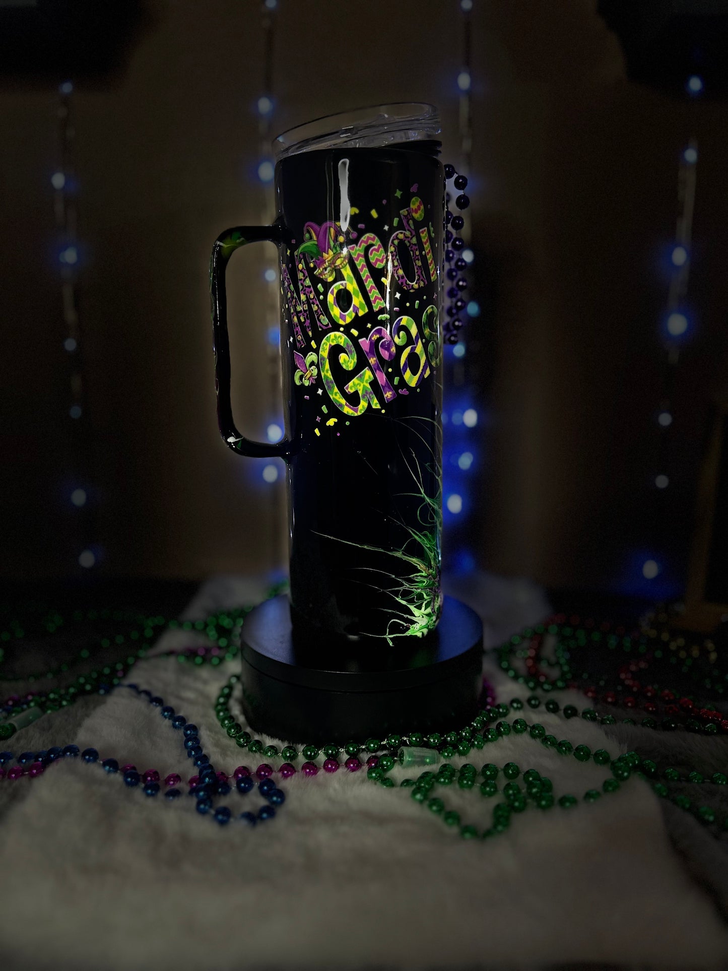 Madi Gras Tumbler, Glow in the dark, 20oz, with handle, "Madi Gras".