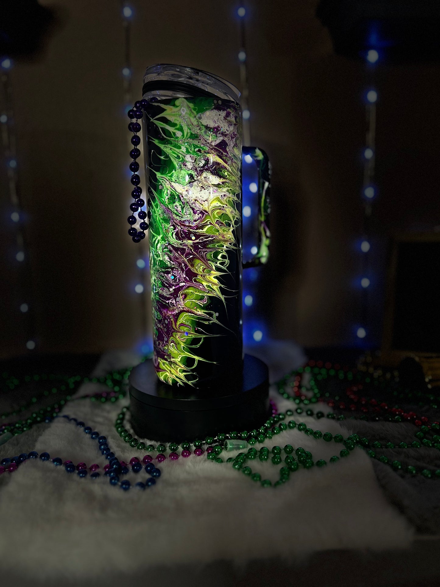 Madi Gras Tumbler, Glow in the dark, 20oz, with handle, "Madi Gras".